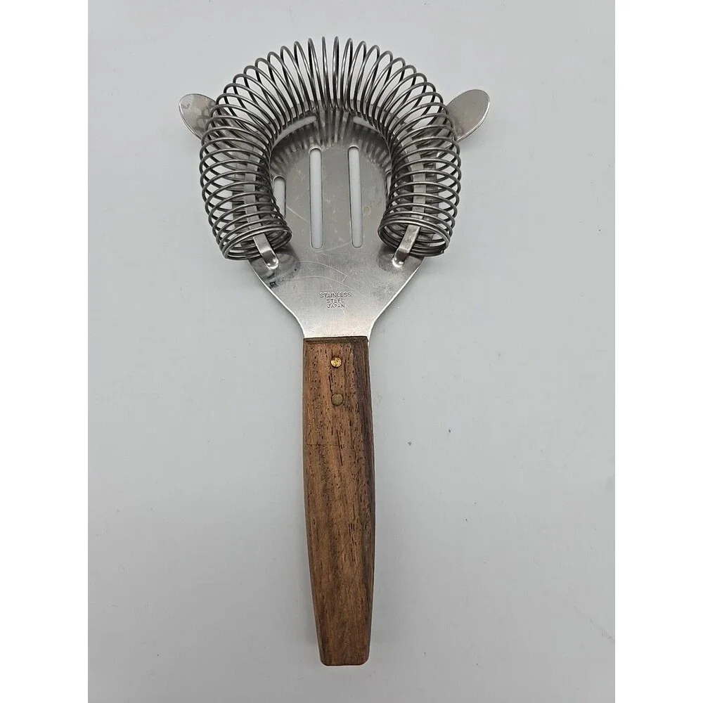 MCM Vintage Bar Tool Cocktail Strainer Stainless Steel Barware Japan Wood Handle